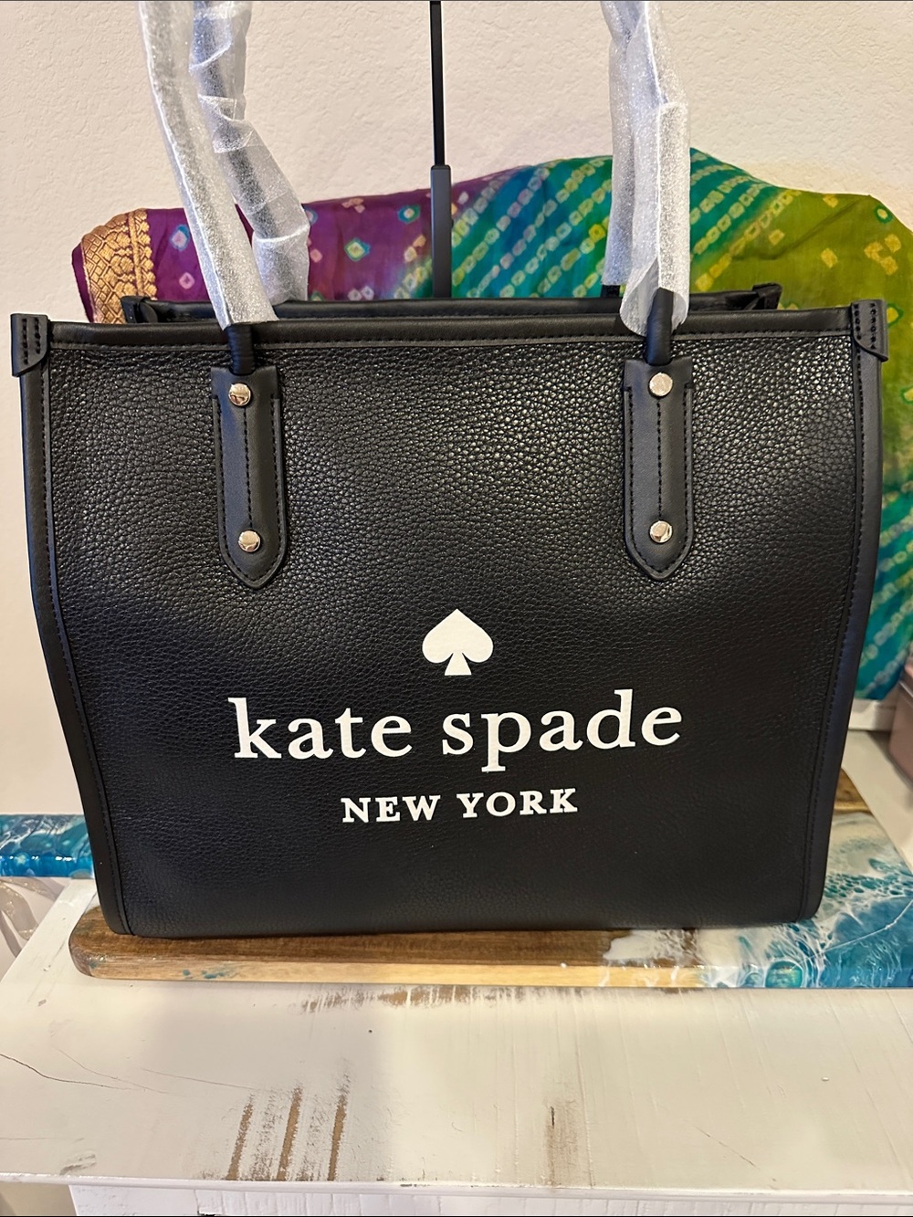 kate spade Black Leather Logo Tote with White Print - Picture 1 of 1
